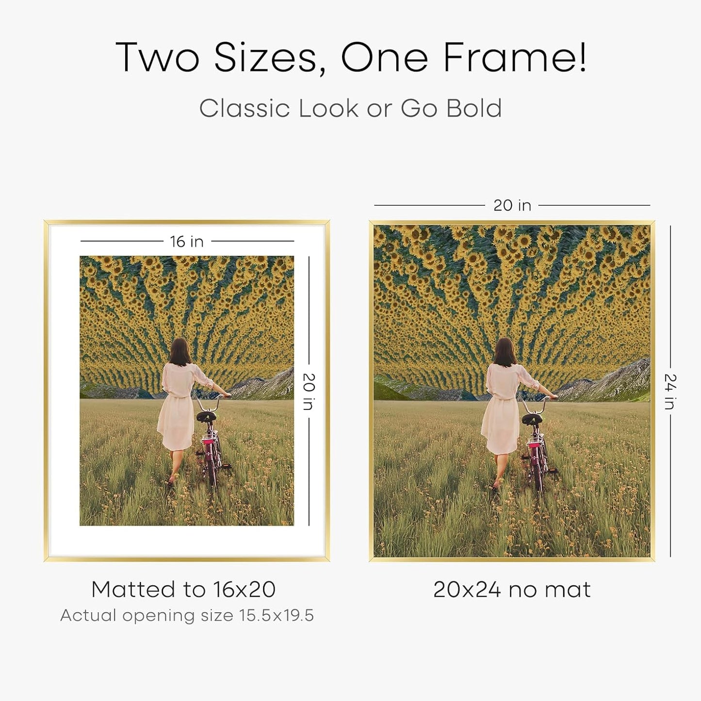 Homeforia 20x24 Picture Frame Gold, High End Metal 24x20 Frames for Wall, 20x24 Gold Frame Matted to 16x20 Print, 20 x 24 Poster Large Frame with Mat 16 by 20 Photo, Tempered Glass, Wall Kit, Set of 2