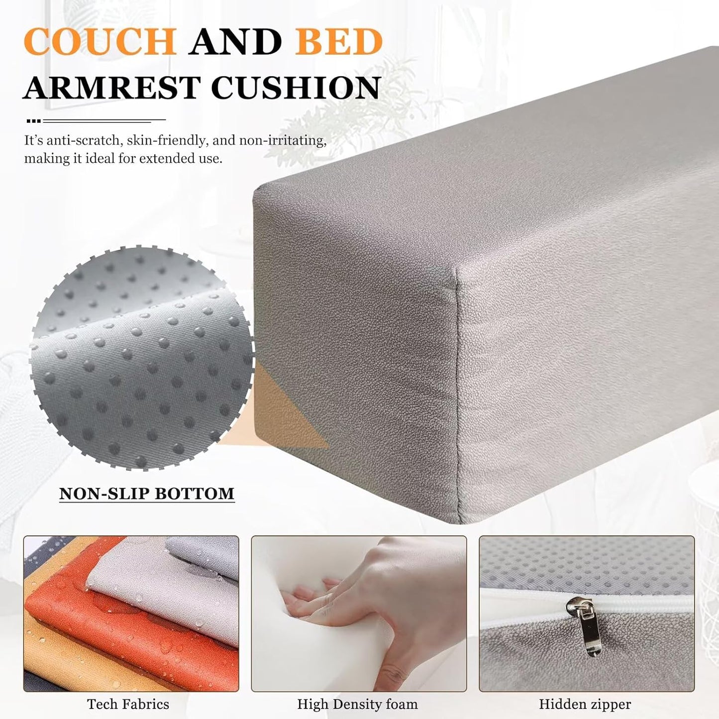 2 Pack Couch Arm Rest Pillow 8''x8''x20'' Faux Leatharie Armrest Cushion, High Density Foam Pillows, Removable & Washable Headboard Elbow Support for Armchair Sofa Bed, Orange