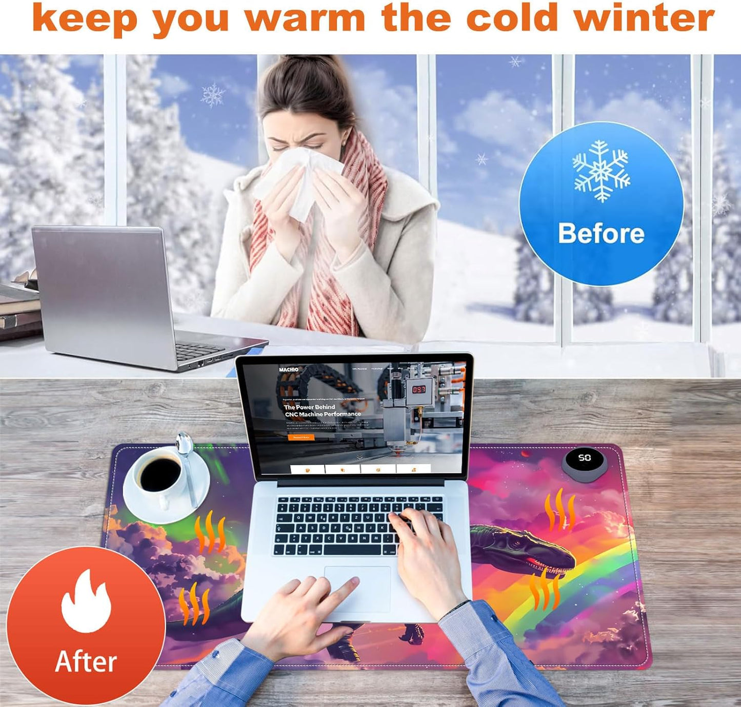 Small Heated Desk Pad 23.6" x 14.2" – Compact Electric Mouse Pad with 3 Heating Levels, Auto Shut-Off, Waterproof PU Surface, Plug-in Warmer for Office or Home Use, Astronaut on Dinosaur