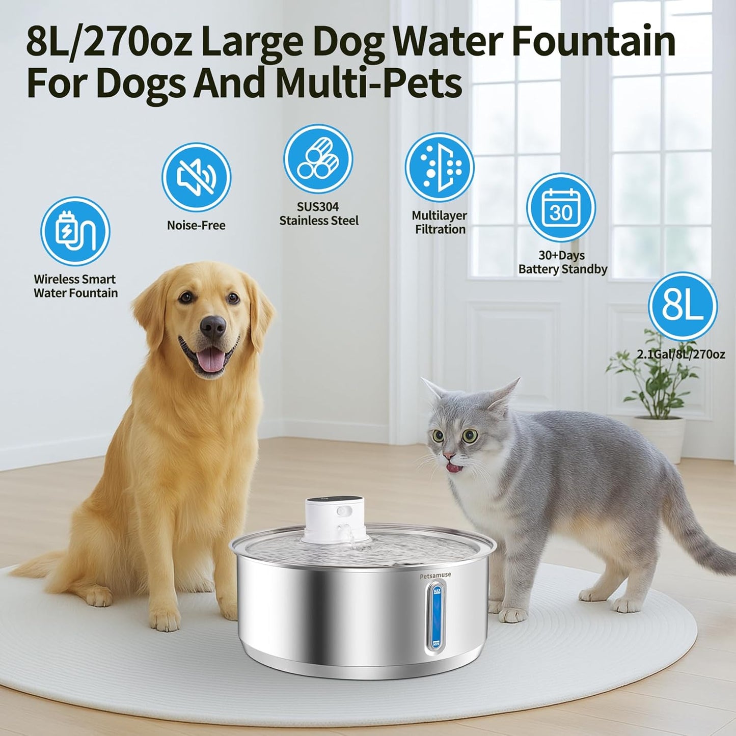 Wireless Dog Water Fountain, Petsamuse 5000mah Battery Operated Water Fountain for Dogs, 2.1Gal/8L Stainless Steel Cat Water Fountains for Cats & Dogs, Ultra-Quiet Water Bowl Dispenser with 13 Filters
