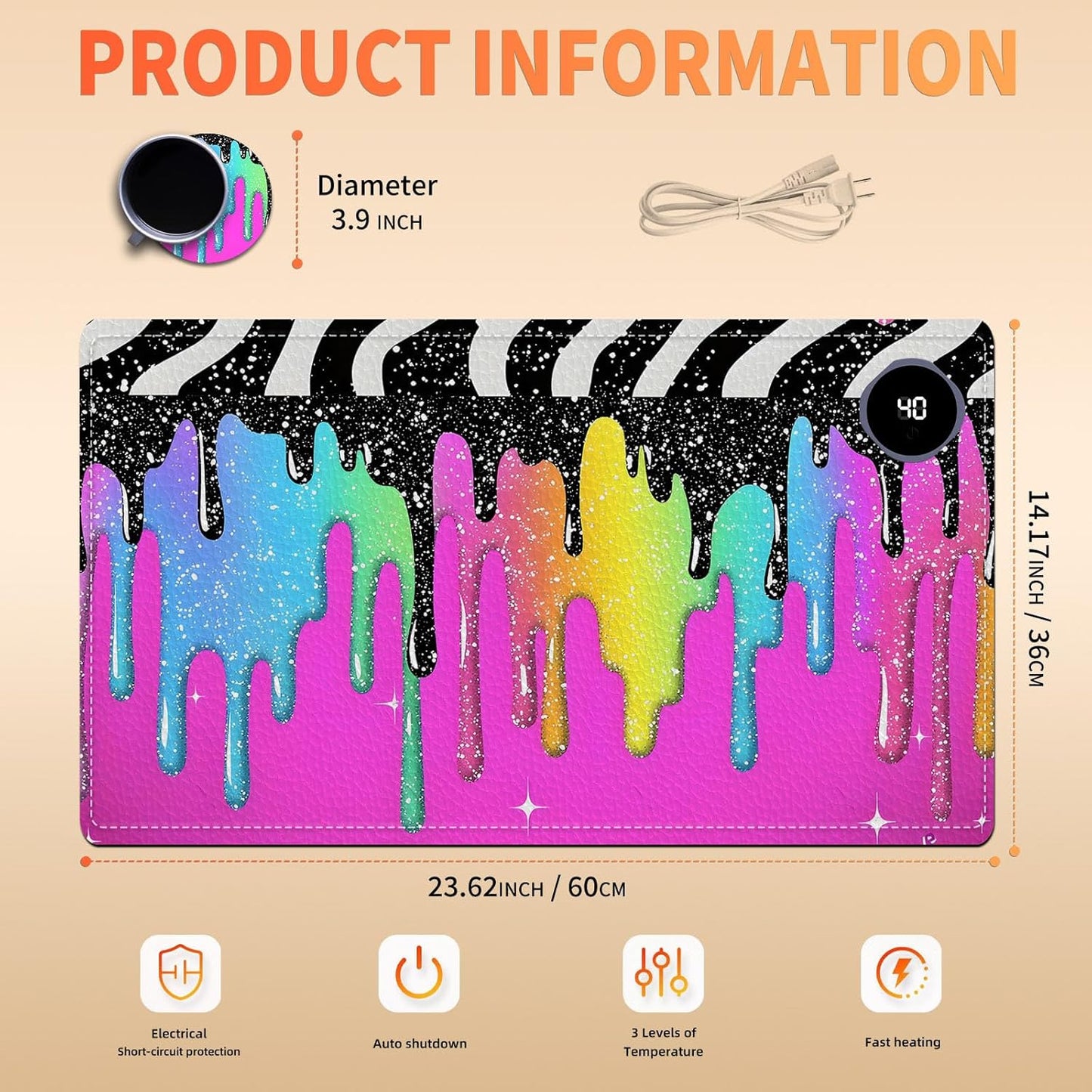 Heated Mouse Pad, Warm Desk Pad, Keyboard Mat 23.6 x 14 Inch Large Size Intelligent Fast Heating, 3 Speed Adjustable, Timed Auto Power Off for Game Office Home, Rainbow Ice Crea