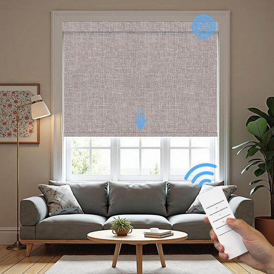 Motorized Roller Blinds with Remote, 100% Blackout Automatic Roller Shades for Bedroom, Bathroom, and Living Room, Customized Size, Cloud Shadow Brown