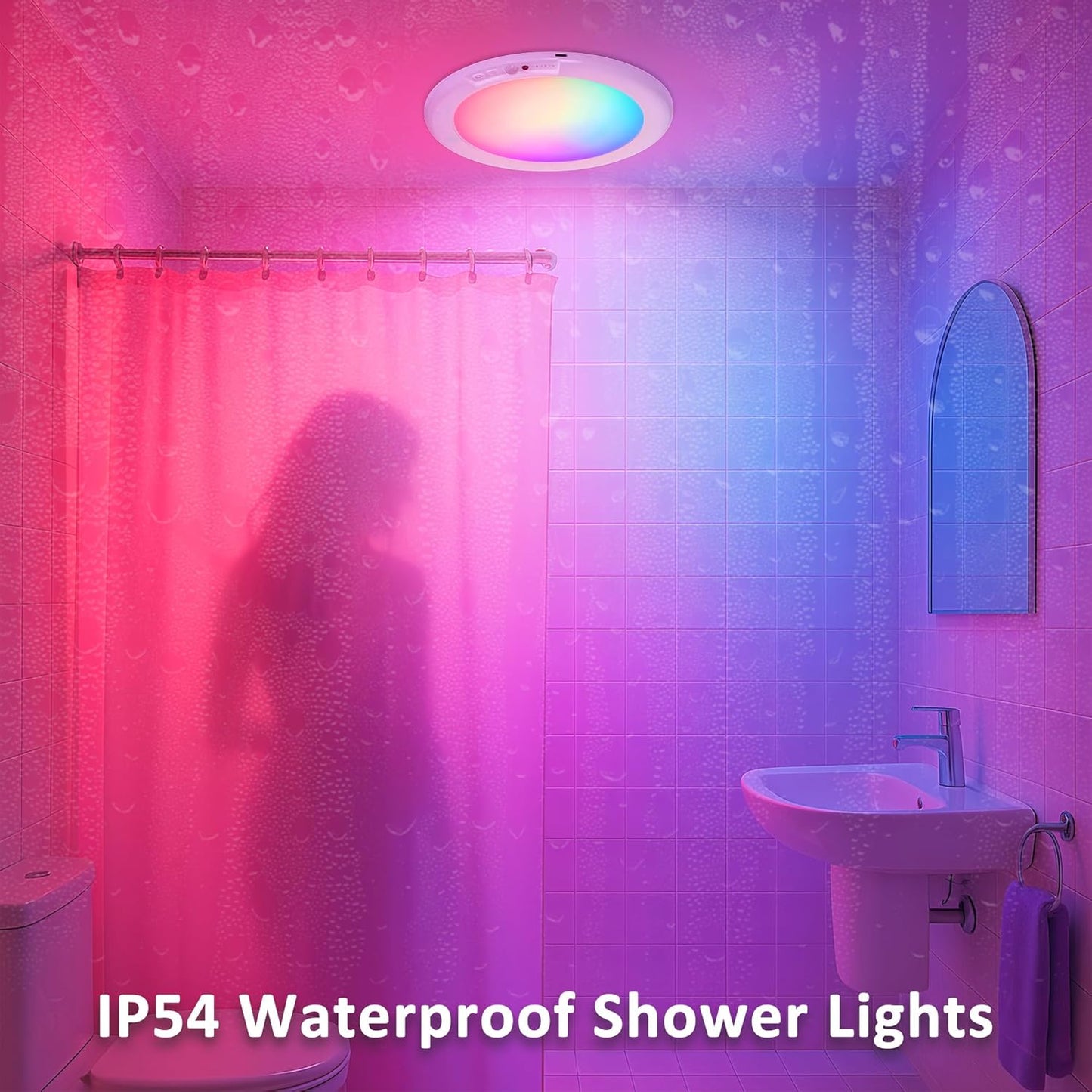 maylit Shower Lights 4 Pack, RGBW Rechargeable Ceiling Light, Waterproof Battery Operated Lamp, Wireless Stick on Inside Motion Sensor Mood LED Lighting for Bathroom No Wiring, Indoor