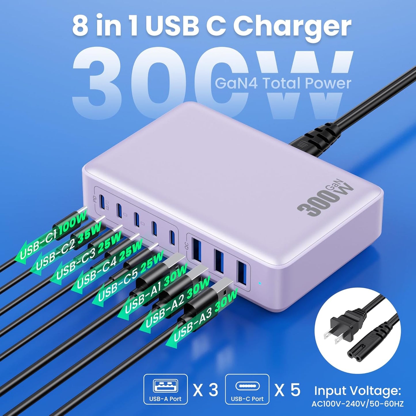 USB C Charger 300W USB C Charger Block, 8-Ports GaN IV Fast Charging Station Hub,PD 100W Laptop Charger Adapter,for MacBook Pro/Air/iPad/iPhone16/15/14/Apple Watch/DELL/Samsung for Home Office