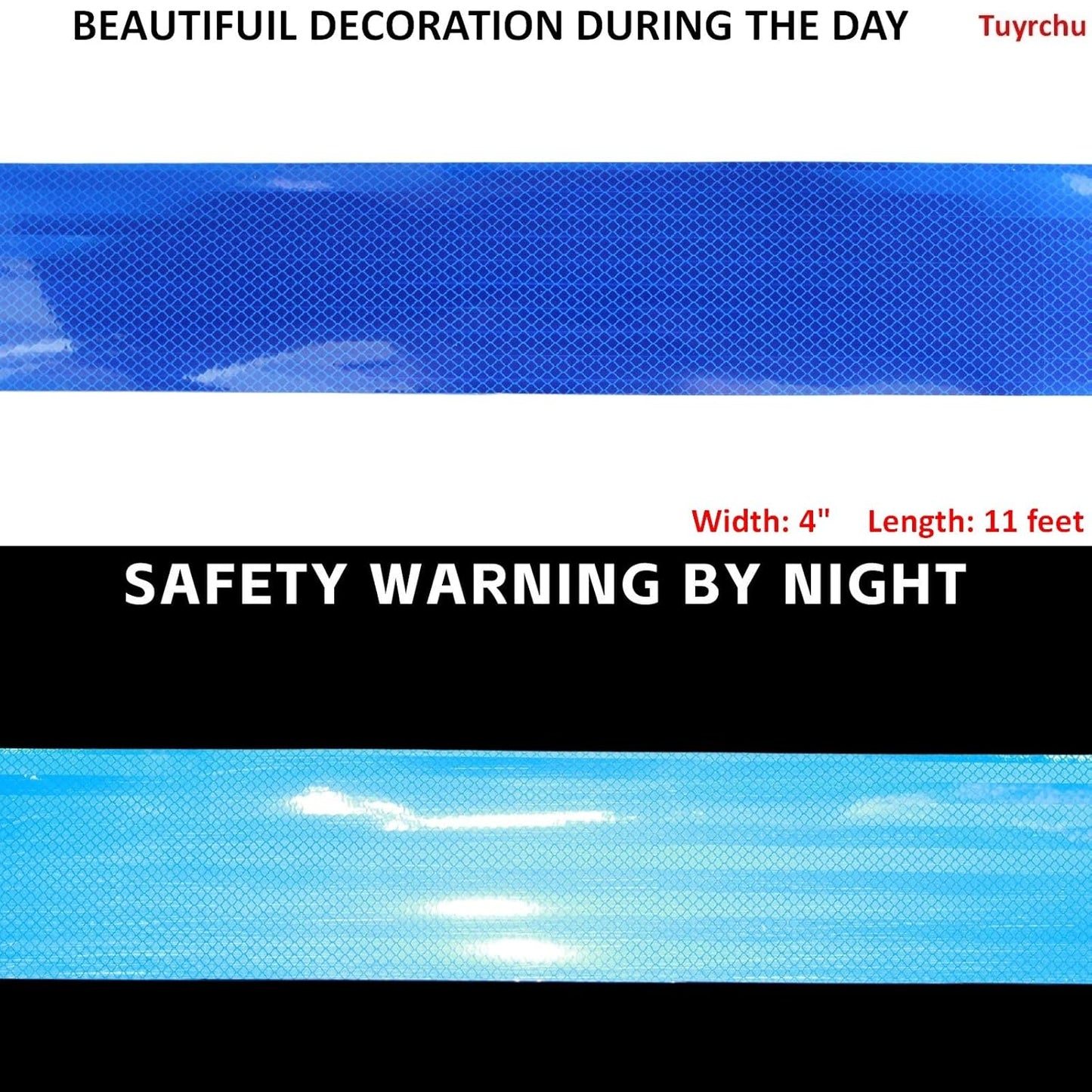 Non Fading Reflective Tape Blue 4 inch, Outdoor Waterproof High Visibility Warning Industrial Marking Tape, Safety Stickers (11 feet)