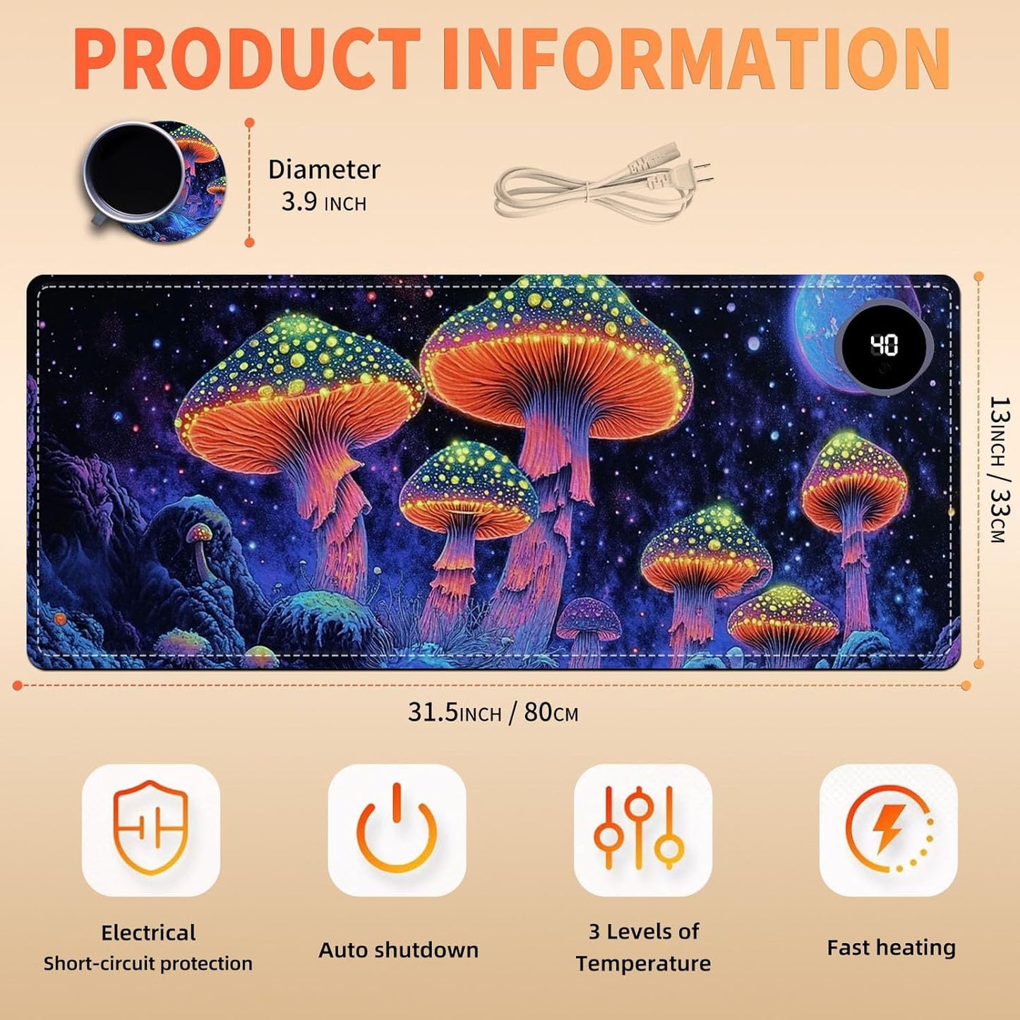 Heated Mouse Pad 31.5x13 in 3-Temp Fast Heating Desk Mat with Auto Timer Warmer for Hands Wrist Pain Relief Waterproof Keyboard Mat for Office, Gaming, Home, Mushroom Galaxy Art