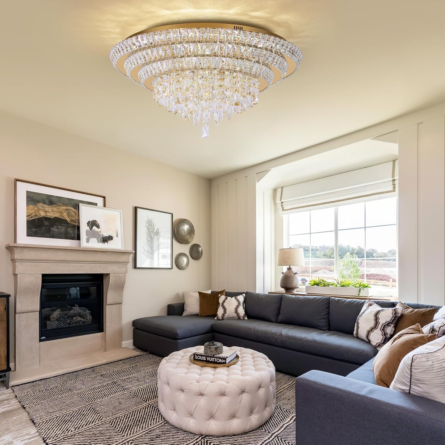 30 inch Flush Mount Crystal Chandeliers with Remote and APP Gold, Modern Elegant LED Crystal Raindrop Ceiling Light Fixture, 3CCT Dimmable, for Living Room Kitchen Island Bedroom Entryway Foyer