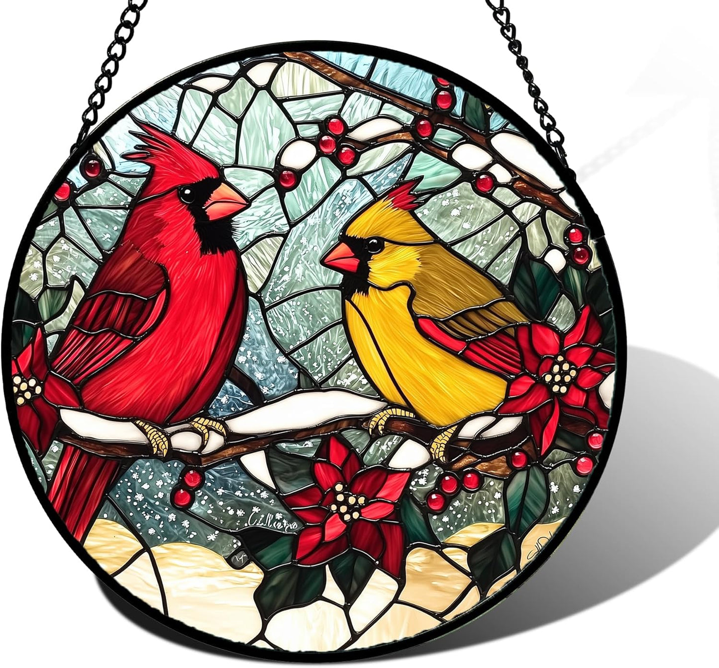 Stained Glass Window Hanging, Love Birds Cardinals Sun Catchers Colorful Glass Panel Birds Suncatcher Decor for Birthday for Women, Men, Wife, Lovers, and Mom 11.8x11.8 in