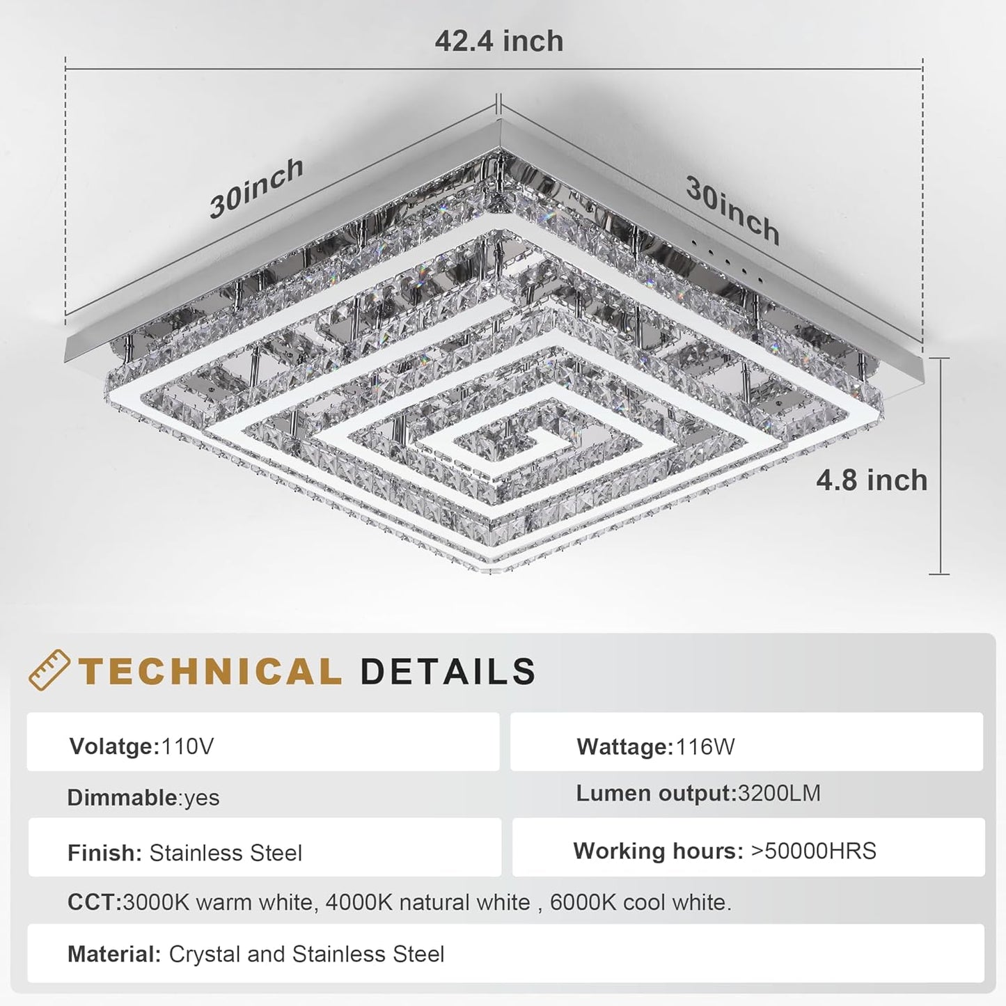 43" Modern Crystal Chandelier with Remote/APP Control, Dimmable Flush Mount Ceiling Light Fixture, 3-Color Temperature, Led Ceiling Lamp for Living Room Bedroom Kitchen Dining Room Entryway