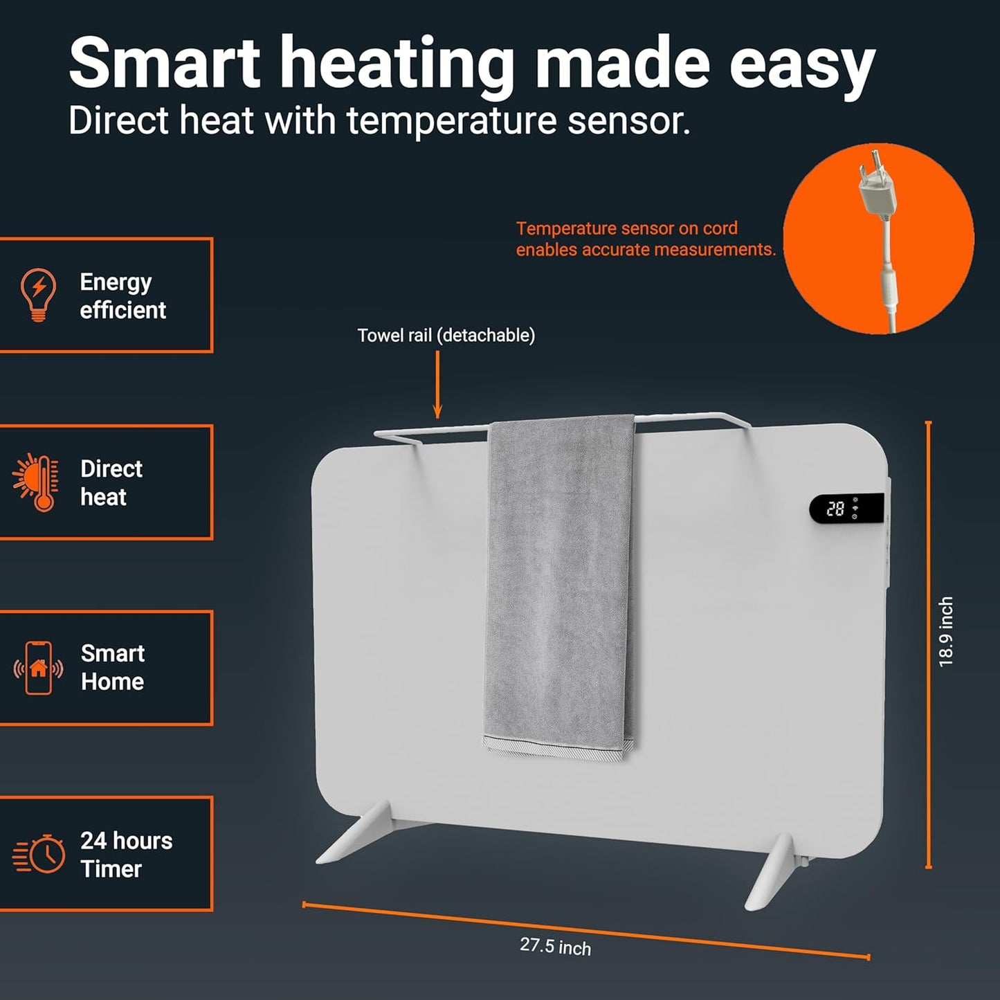 Könighaus 450W Smart Dual Space Heater – Wall heater and mobile use – WiFi App Control & Remote – Includes Towel Rack, Stand Feet & Mounting Kit – Color: White