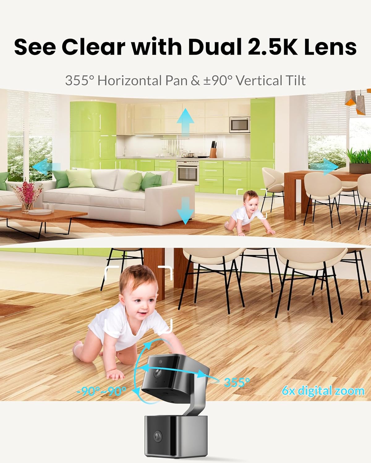 Dual Lens Security Camera Indoor 5G/2.4G WiFi, 2K+2K Pet Camera with Pan Tilt for Home, Baby Monitor, AI Tracking, Color Night Vision, 2-Way Talk, No Dead Zone, 355° View, Alexa/Google