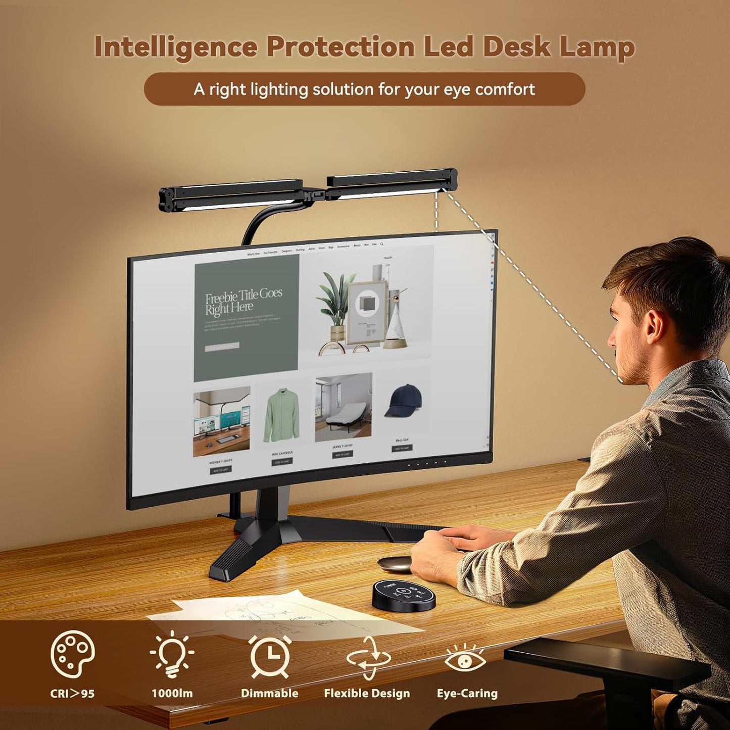 Led Desk Lamps for Home Office - Eye Caring Architect Lamp with Clamp, Double Head Computer Monitor Work Desk Light with Remote Control: 24W Flexible Dimmable Desktop Table Lamp