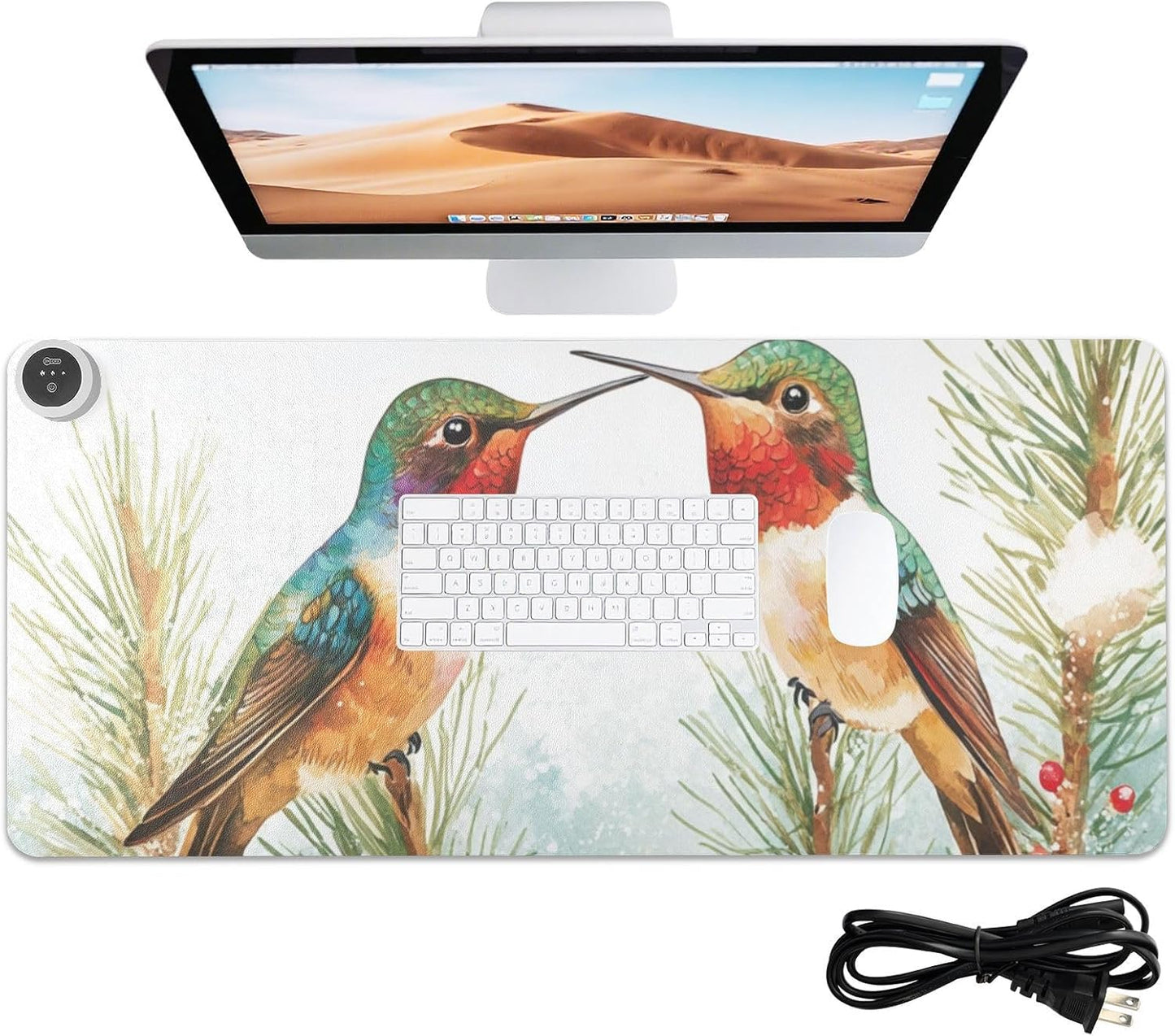 Heated Desk Pad Mouse Pad 31.5x13 Inch PU Leather Desk Mat with 3 Heat Levels Large Mouse Gaming Computer Laptop Mat Cartoon Hummingbirds and Pine Tree