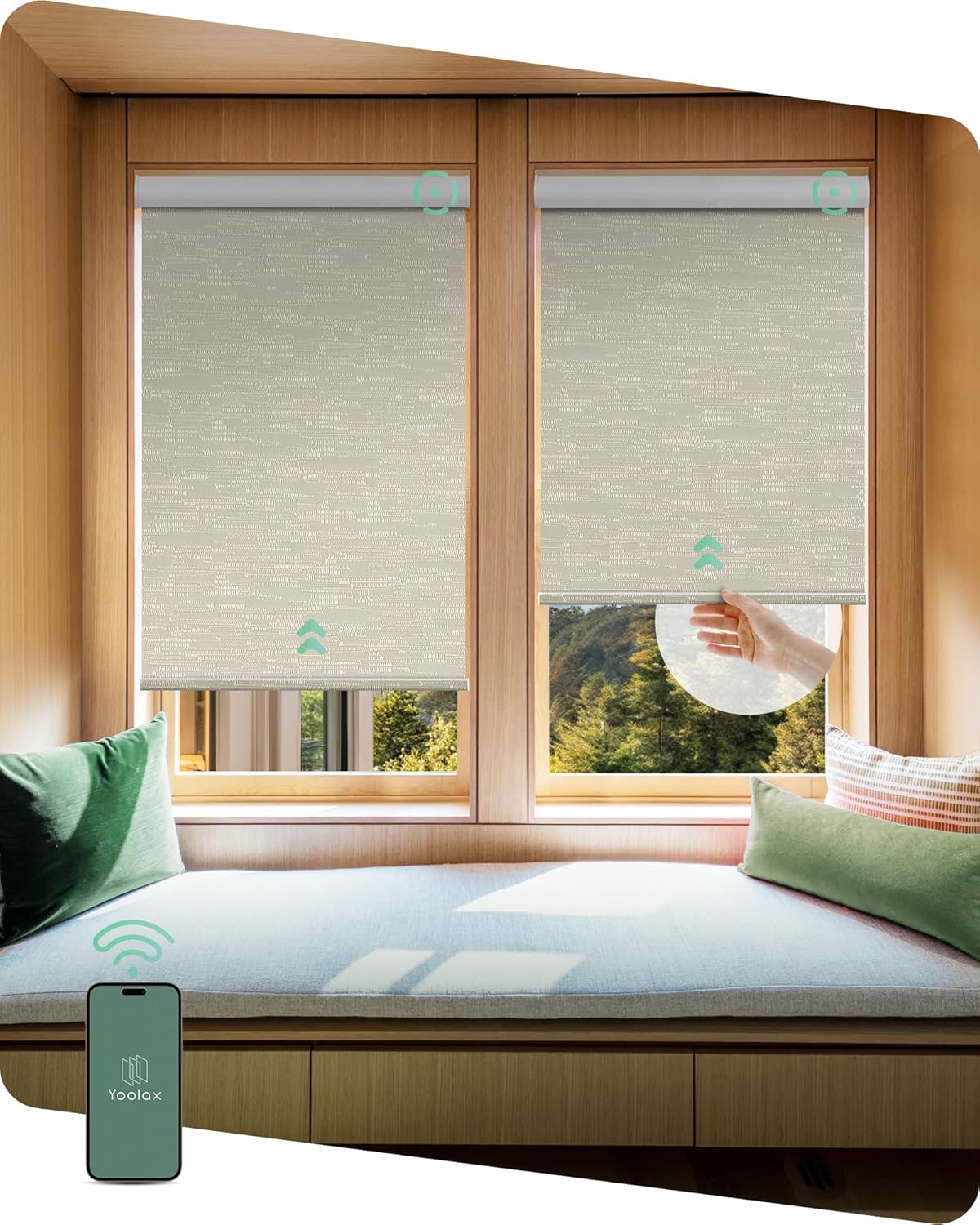 Yoolax Motorized Shades Dual Control, MotionFlex Motorized Roller Shades with App & Manual Control, Pull Down Automatic Shades for Indoor Windows, Custom Size(Blackout Jacquard Coffee)