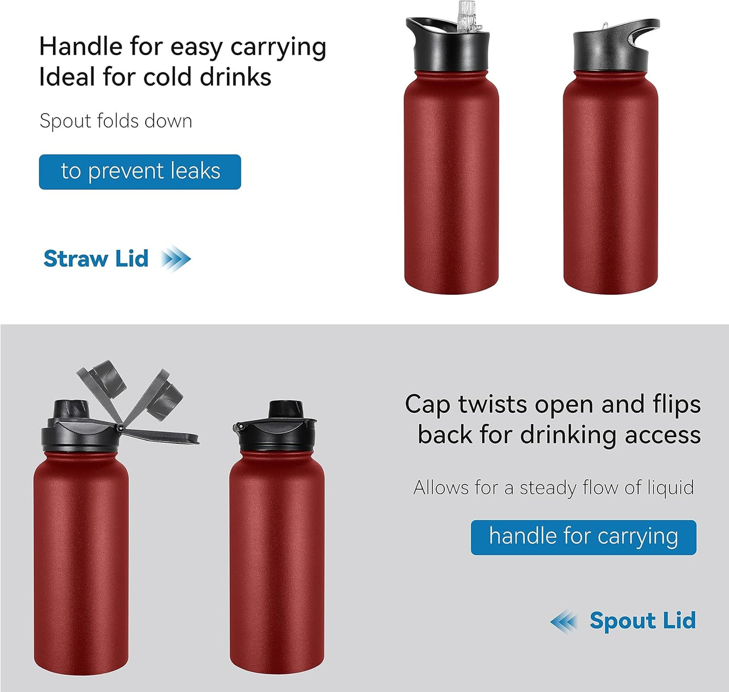 VEGOND 32 oz Insulated Water Bottle Bulk Stainless Steel Metal Water Bottles with Leak Proof Straw Lid & Spout Lid, Wide Mouth Double Walled Vacuum Travel Sports Bottle, Red 4 Pack