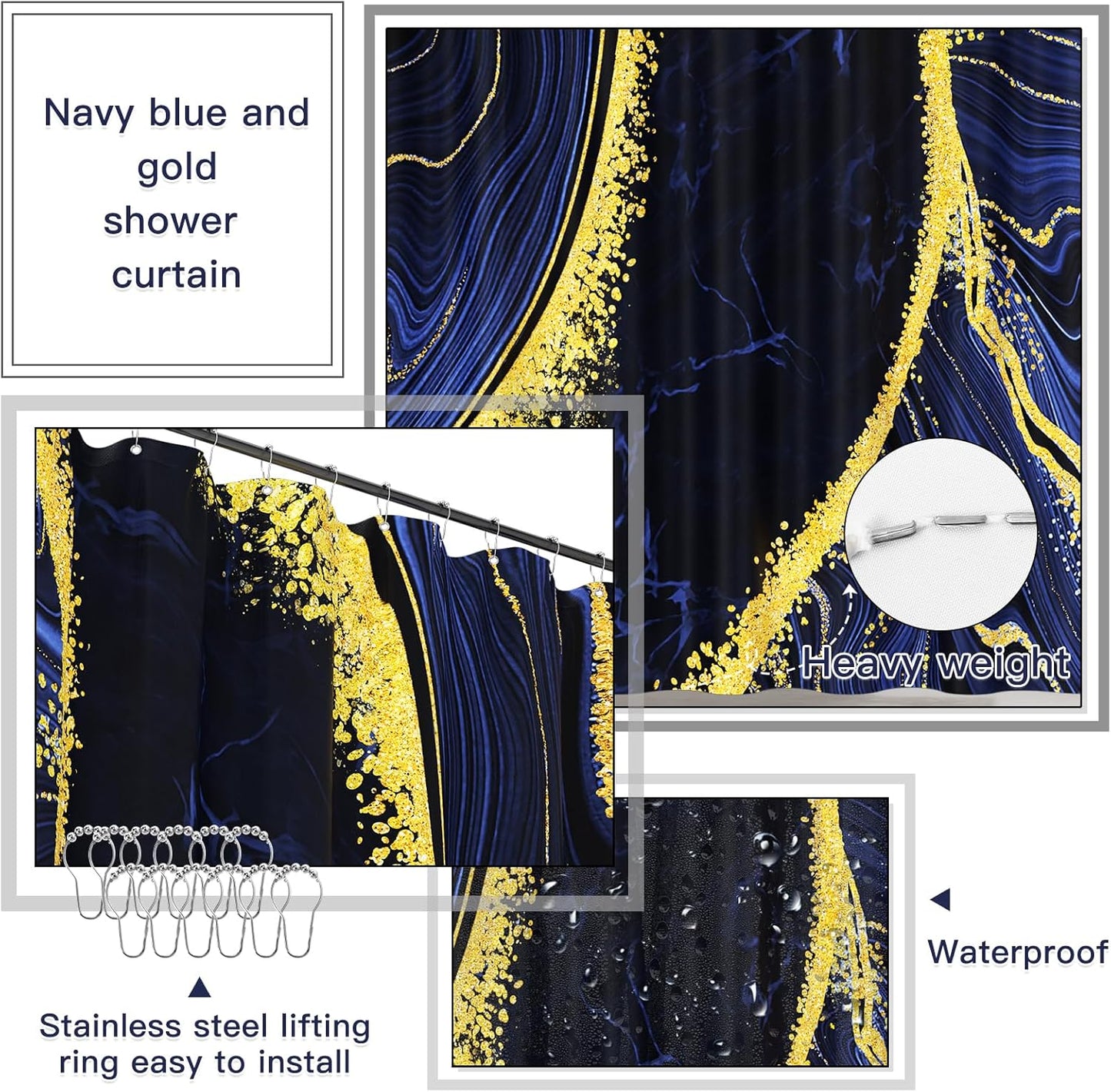 25PCS Bathroom Accessory Set, Navy Blue Bathroom Set with Large-Capacity 4 Gallon Trash Can,Bathroom Rugs Set, Waterproof Shower Curtain, Toilet Brush, Toothbrush Holder & Soap Dispenser