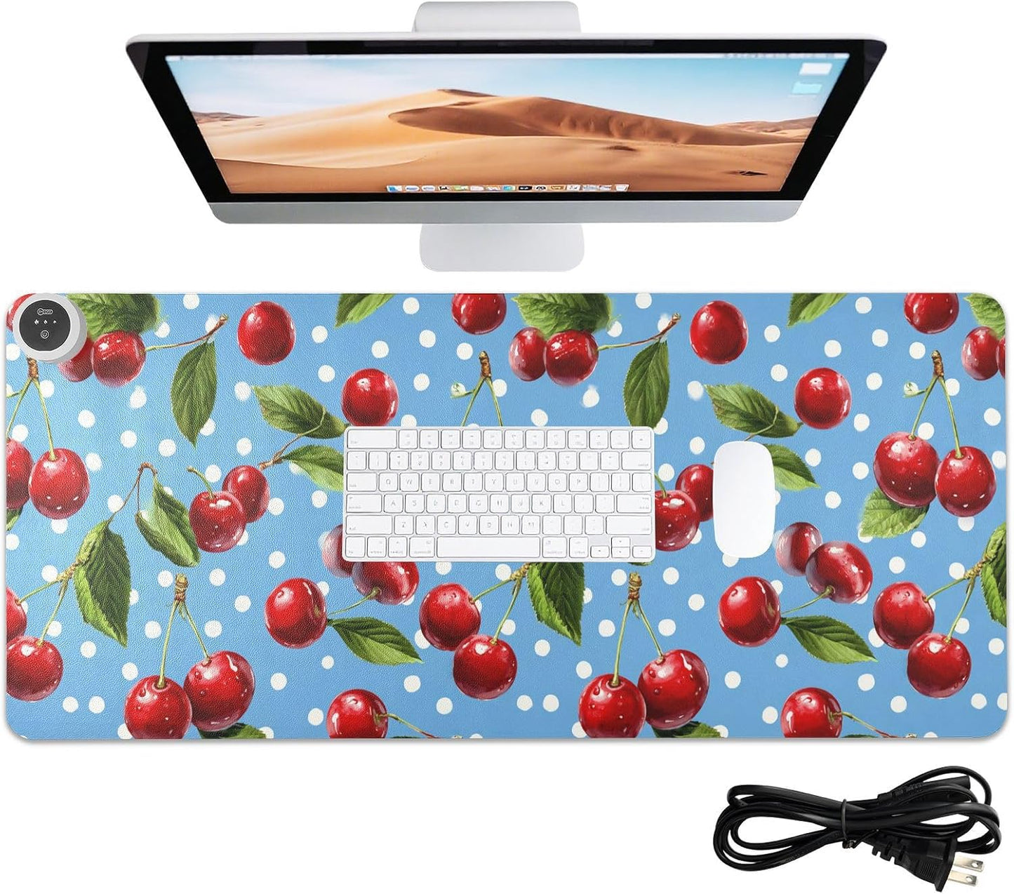 Heated Desk Pad Mouse Pad 31.5x13 Inch PU Leather Desk Mat with 3 Heat Levels Large Mouse Gaming Computer Laptop Mat Blue Dots Red Cherry