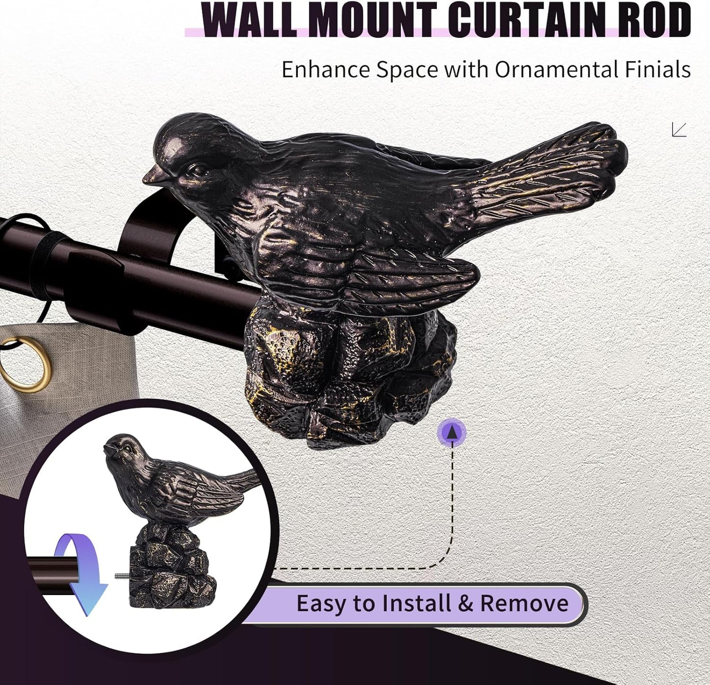 Curtain Rod 36 to 168 Inches Vintage Oil Bronze Curtain Rods for Windows Adjustable Drapery Rod with Bird Finials Heavy Duty Window Brown Curtains Rods for Living Room Bedroom