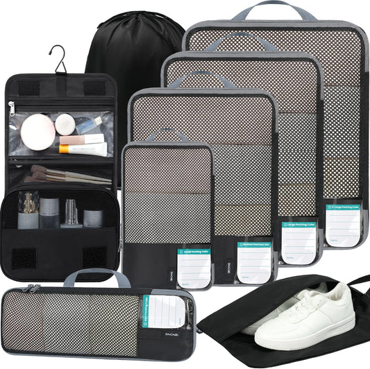 BAGAIL 4 Set/6 Set/8 Set Compression Packing Cubes Travel Accessories Expandable Packing Organizers (Half Mesh, 8-Jet Black)