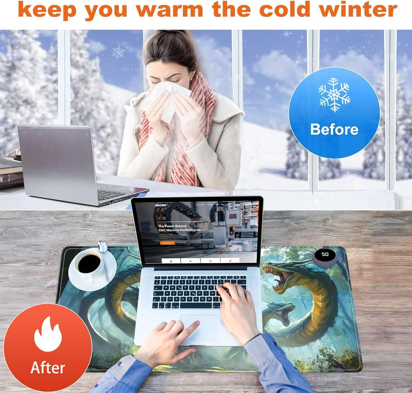Heated Mouse Pad for Desk 31.5" x 13" – PU Leather Warm Desk Pad with 3 Heat Levels (104°F/113°F/122°F), Plug-in Electric Heating Mat with Auto Shut-Off, Waterproof & Rollable, Serpent Beast