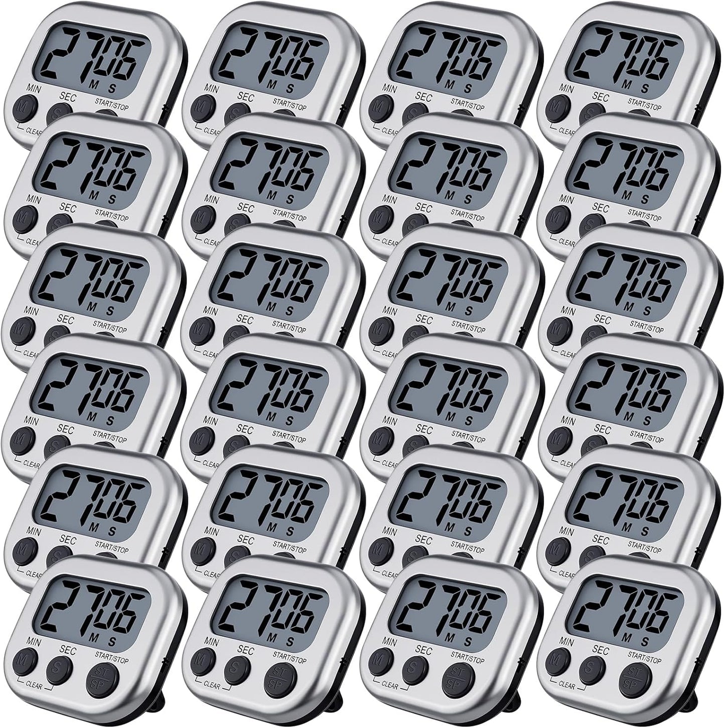 Leumoi 24 Pcs Digital Kitchen Timers Magnetic Back Timers Bulk Large Screen Loud Alarm On/Off Switch Minute Second Count up Countdown Memory Setting for Cooking Classroom Exercise (Sliver and Black)