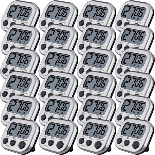 Leumoi 24 Pcs Digital Kitchen Timers Magnetic Back Timers Bulk Large Screen Loud Alarm On/Off Switch Minute Second Count up Countdown Memory Setting for Cooking Classroom Exercise (Sliver and Black)