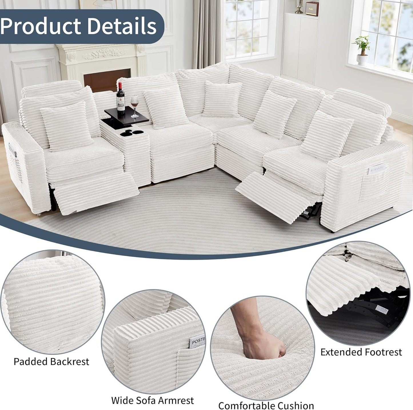 LEVNARY 5-Seat L Shaped Modular Sectional Sofa with Power Recliners, Faux Rabbit Fur Upholstery, Storage Console with Charging Ports & Cup Holders, Living Room Couch Set for Home Office (White)