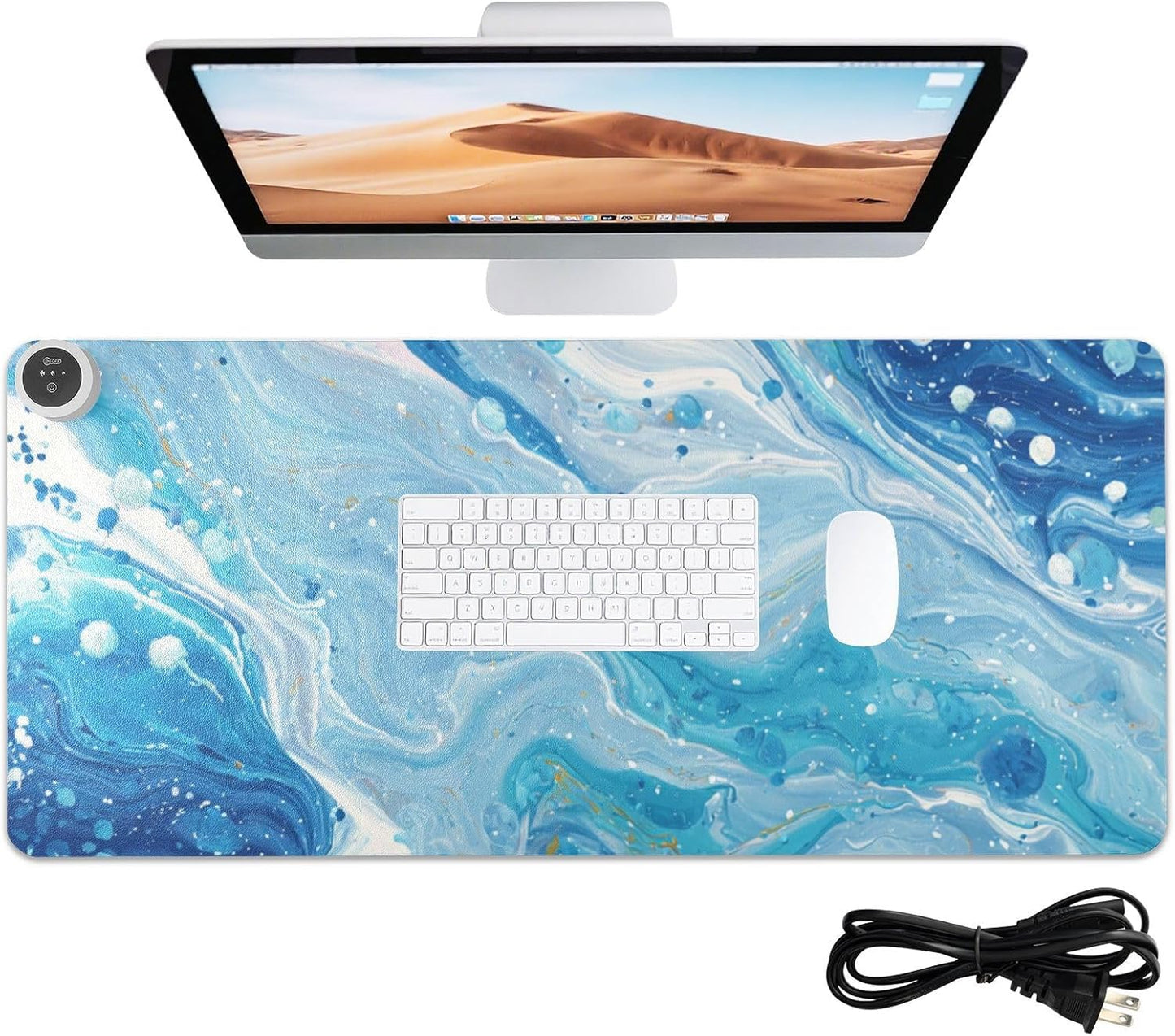 Heated Desk Pad Mouse Pad 31.5x13 Inch PU Leather Desk Mat with 3 Heat Levels Large Mouse Gaming Computer Laptop Mat Blue and White Marble Spots