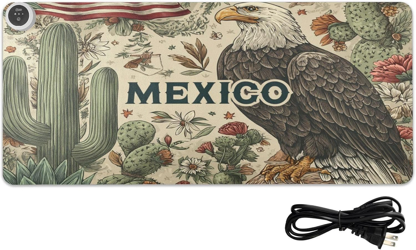 Heated Desk Pad Mouse Pad 31.5x13 Inch PU Leather Desk Mat with 3 Heat Levels Large Mouse Gaming Computer Laptop Mat Retro Mexico American Eagle Cactus Beige