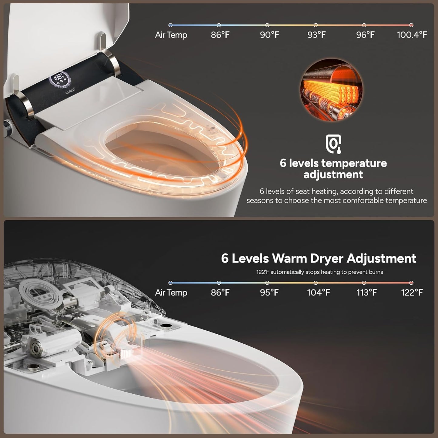 CANEST Smart Toilet with Bidet Built in, Elongated Toilets with Heated Seat, Auto Open Close, Foot Sensor, Warm Water and Dryer, Remote Control, LED Display, Night Light, Auto Deodorization (TC-400BK)