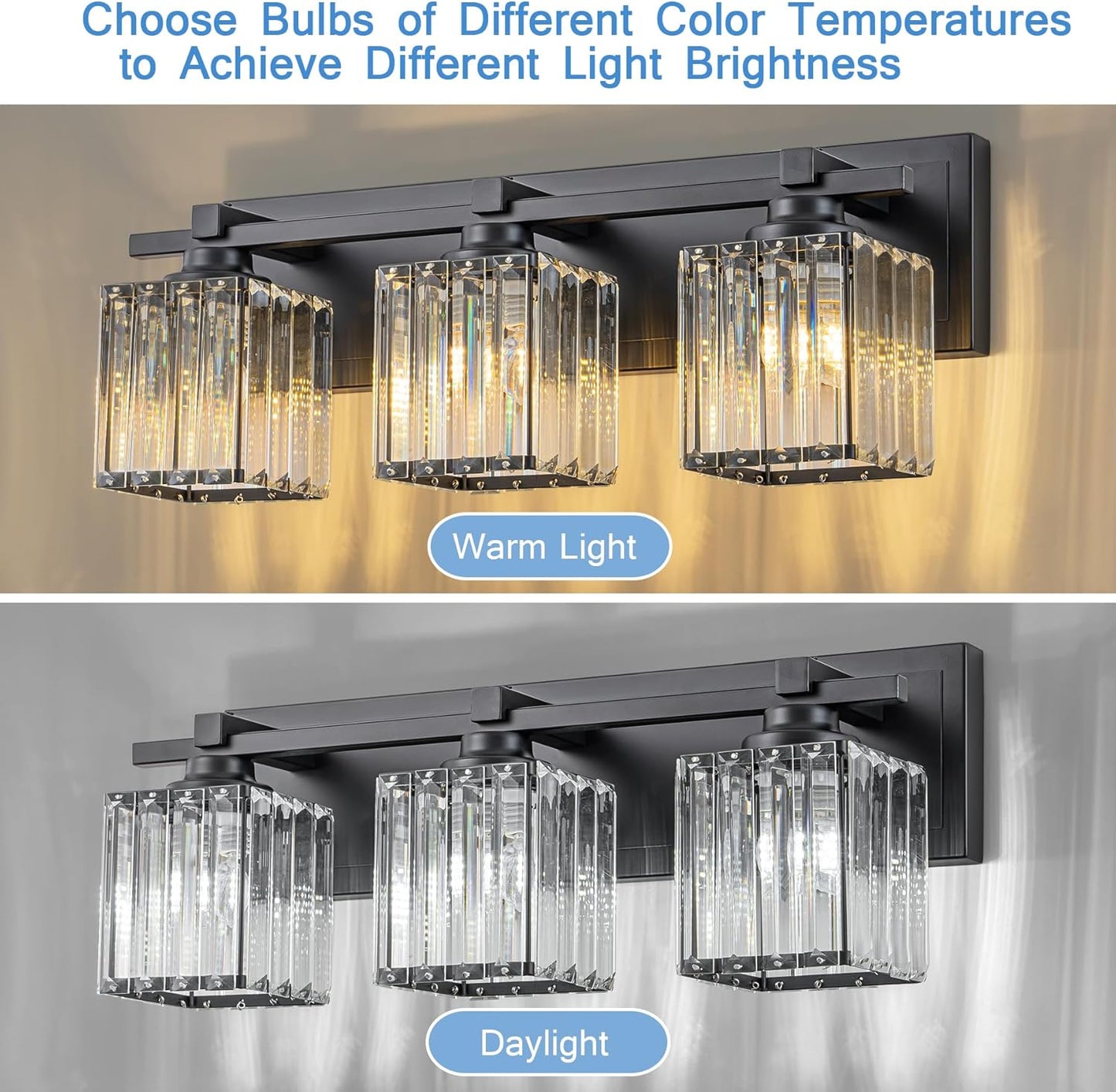 Crystal Bathroom Light Fixtures, 3 Light Black Vanity Lighting Over Mirror with Crystal Shades, Modern Bathroom Vanity Light for Restroom, Bath, Cabinet and Powder Room