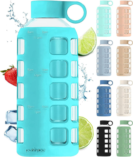 purifyou 40oz / 32oz / 22oz / 12oz Borosilicate Glass Water Bottle with Time & Volume Markers, Silicone Sleeve, Stainless Steel Lid | Reusable Glass Bottle for Water & Juice (22oz Aqua Blue)