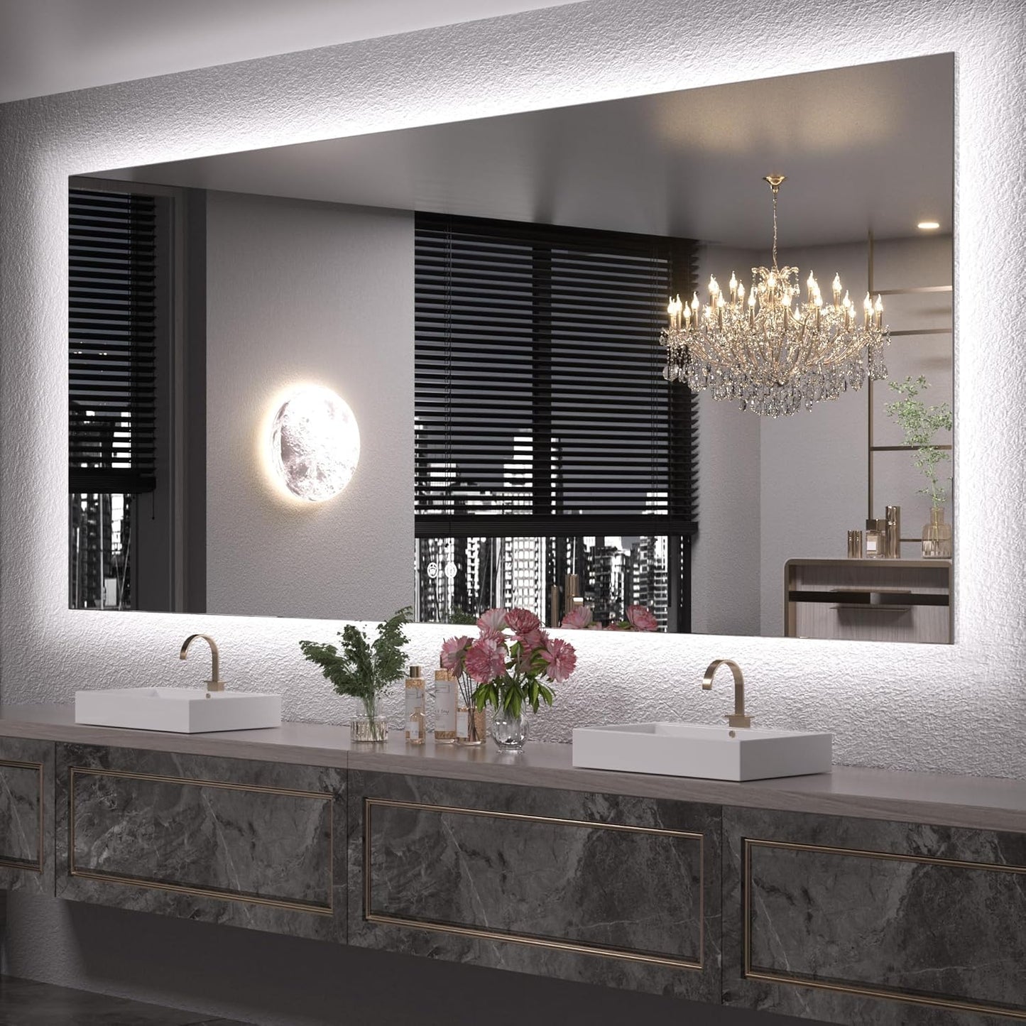 Keonjinn LED Backlit Mirror 84” x 36” Oversized Lighted Bathroom Mirror with UL Listed LED Driver, Large Stepless Dimmable Wall Mirror, Tempered Glass, CRI90+ Anti Fog Vanity Mirror with Backlights