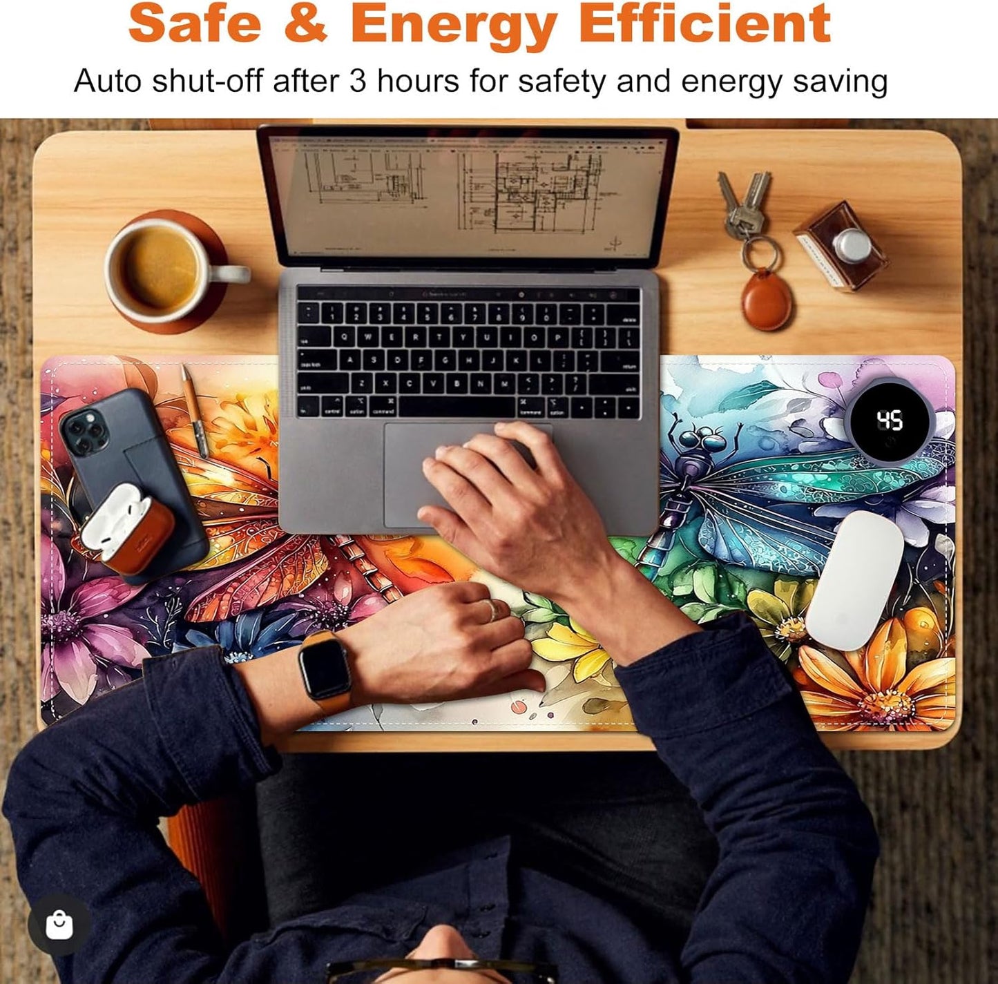 Heated Mouse Pad for Desk 31.5" x 13" – PU Leather Warm Desk Pad with 3 Heat Levels (104°F/113°F/122°F), Plug-in Electric Heating Mat with Auto Shut-Off, Waterproof & Rollable, Colorful Dragonflies
