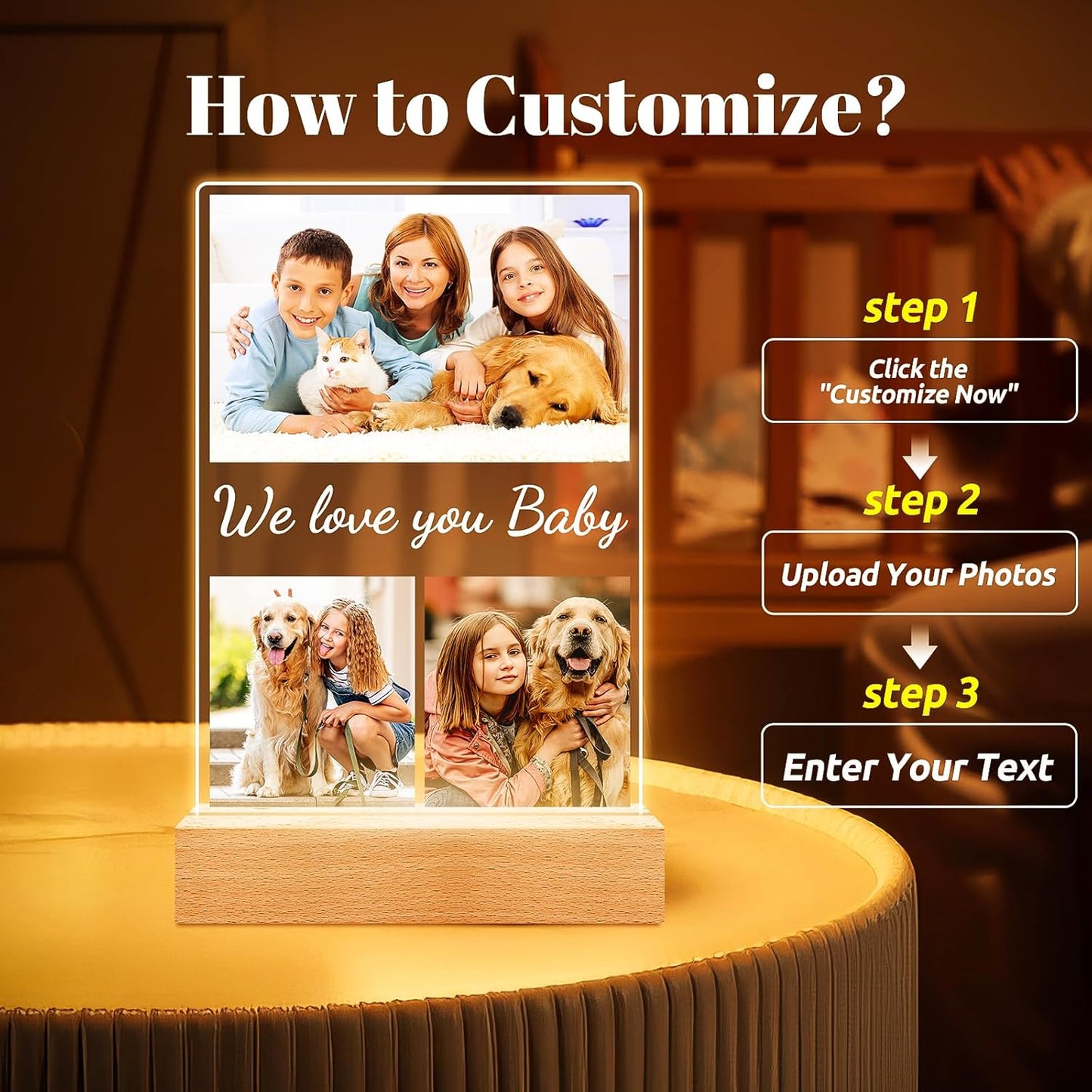 Custom Collage Picture Frames with Photo, Personalized Photo Frame with Night Light, Personalized Picture Frame, Customized Birthday Gifts for Baby Kids Girls Boys Pet Friends Family