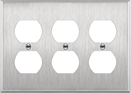 ENERLITES Duplex Receptacle Metal Wall Plate, Stainless Steel Switch Outlet Cover, Corrosion Resistant, Size 3-Gang 4.50" x 6.38", UL Listed, 7723, 430 Stainless Steel, Silver