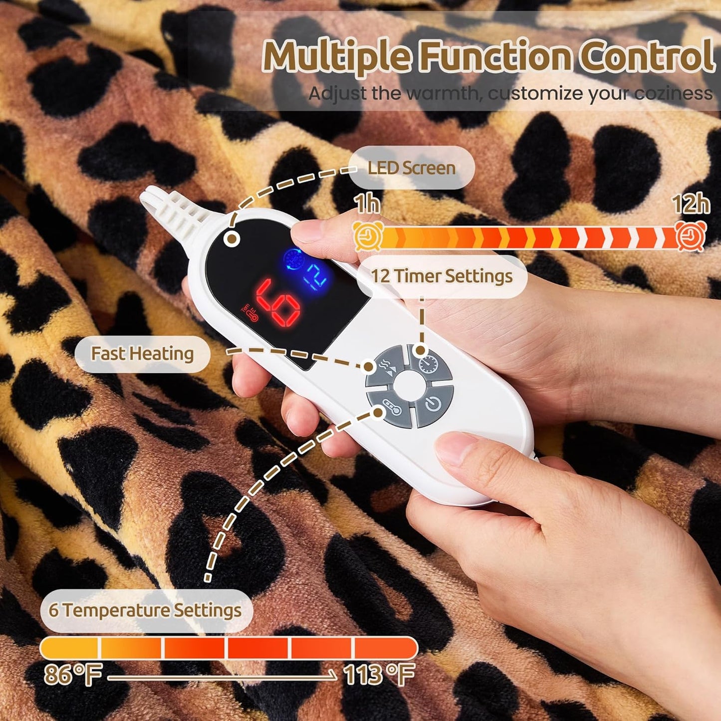 Heated Throw Blanket 50"x60", Electric Blanket with 6 Heat Settings & 1-12H Timer, Cozy Soft Flannel Sherpa, Machine Washable, Warm Gift for Women, Leopard