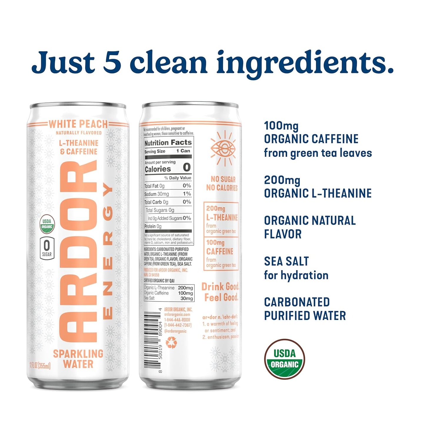 ARDOR ENERGY Sparkling Water with 100mg Natural Caffeine & 200mg L-Theanine from Organic Green Tea for Smooth Energy & Focus | Healthy Energy Drink | No Sugar, Zero Calories, Vegan, Gluten-Free | White Peach (Pack of 12, 12oz cans)