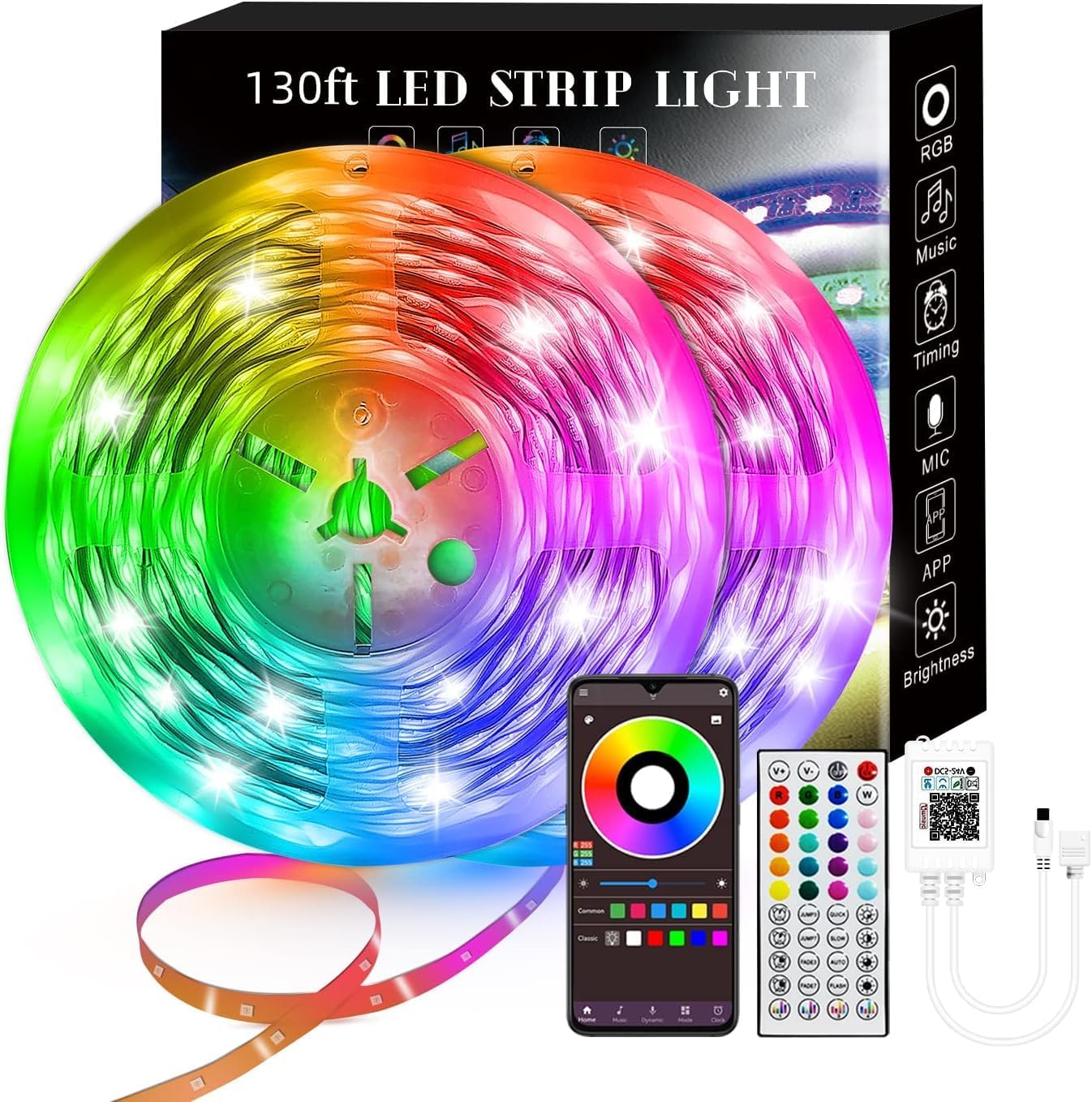 130Ft Led Strip Lights (2 Rolls of 65ft), Music RGB Color Changing,APP Control Strip Lights for Bedroom, Living Room, Kitchen, Party Decorationcontrol (Multi-Colored, 130FT)