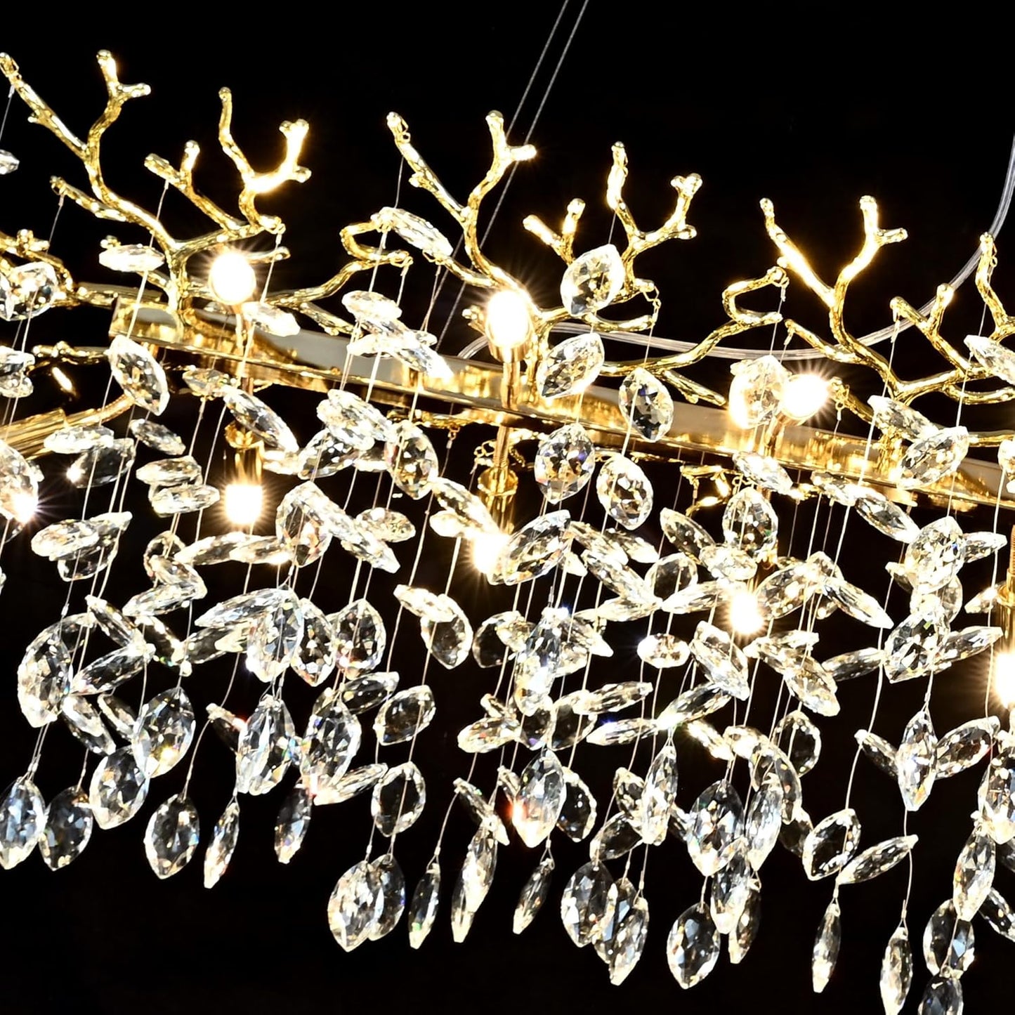 Gold Crystal Chandelier Modern High Ceiling Tree Branch Chandeliers Lighting Luxury Foyer Entryway Staircase Living Room Large Raindrop Large Hanging Pendant Light Fixture