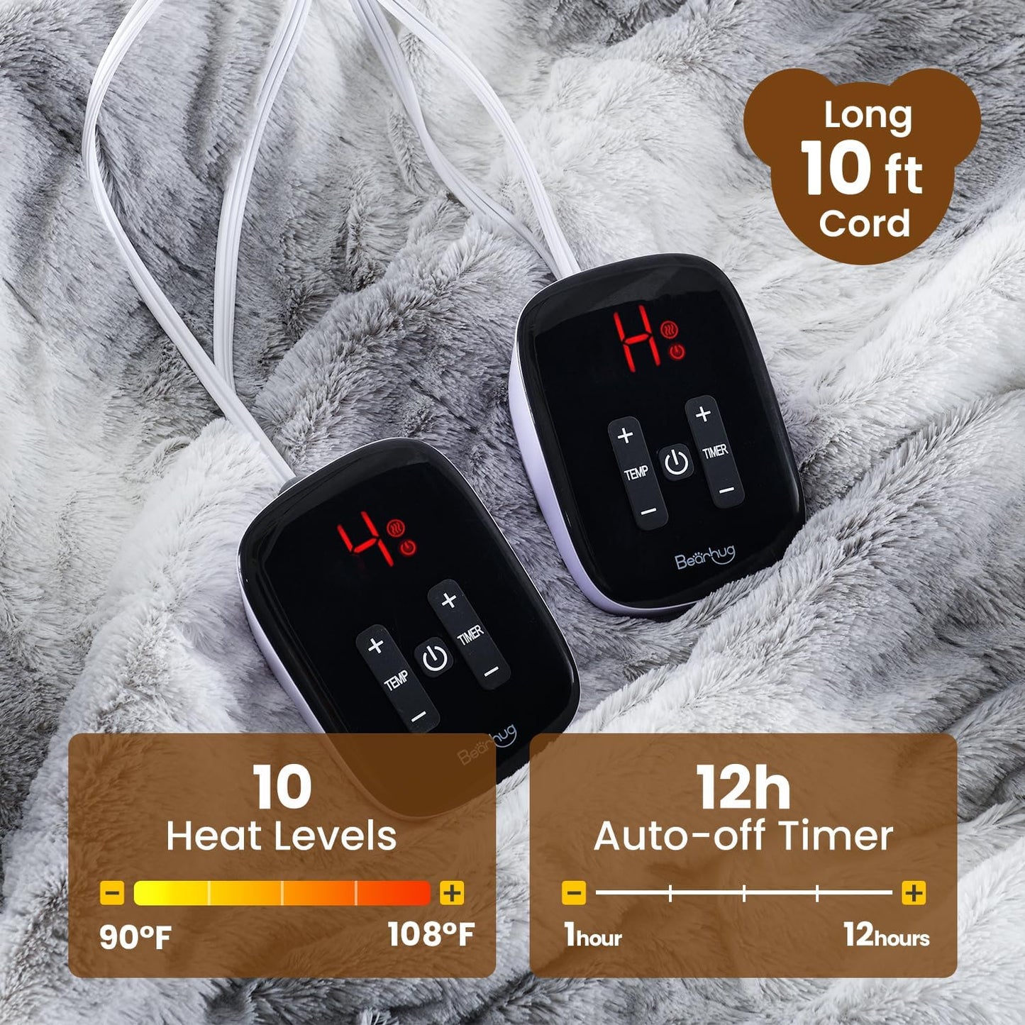 Bearhug Electric Blanket King Size 100" x 90" Dual Controllers Heated Blanket, 10 Heat Settings, 1-12 Hour Auto Shut-Off, Faux Fur & Sherpa Dual-Sided, Machine Washable, Gift-Ready Elegant Packaging