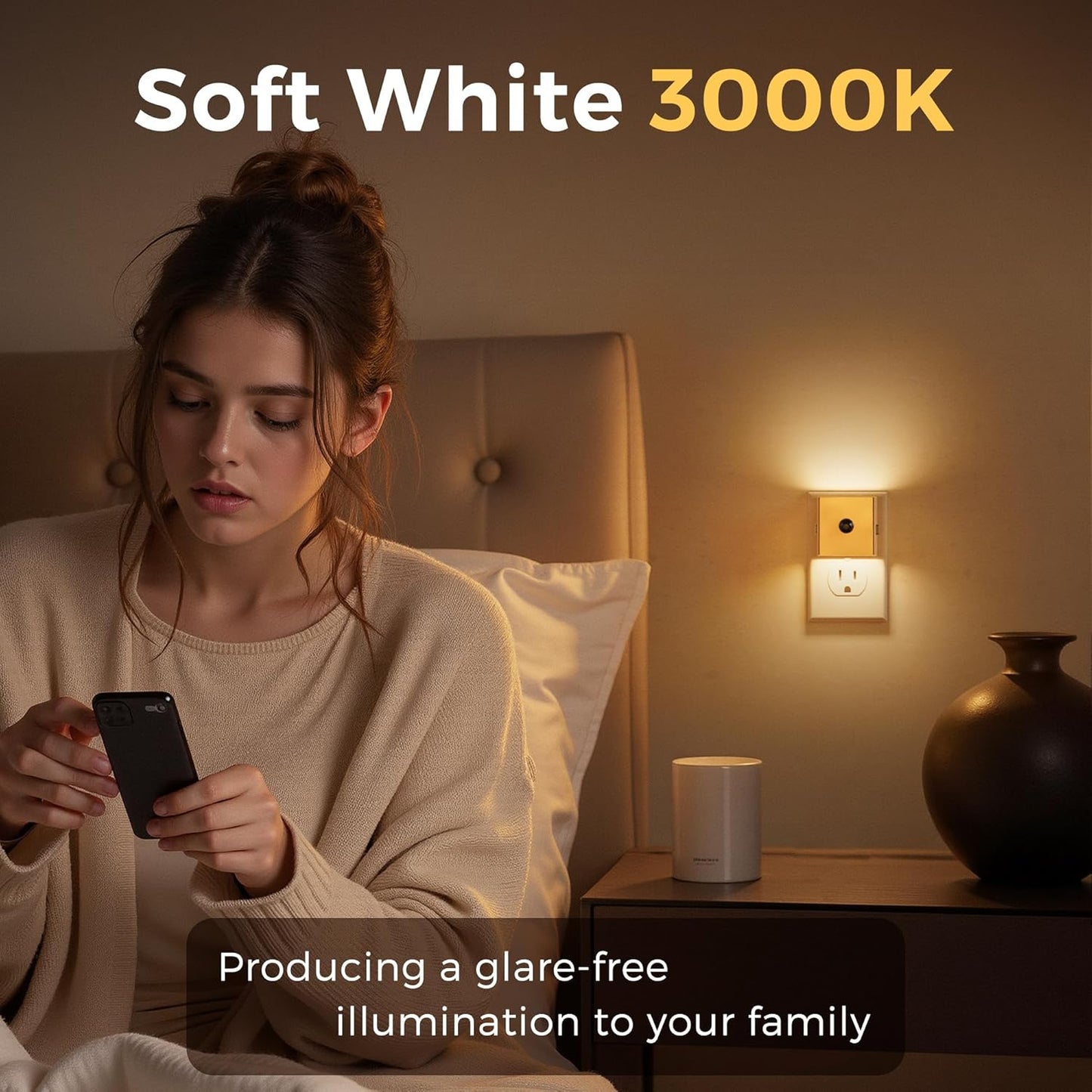 L LOHAS LED Night Light,Plug in Night Light with Motion Sensor and Dusk to Dawn Sensor, Brightness Adjustable,3000K Soft White, Gold Nightlight for Bathroom Hallway Kitchen