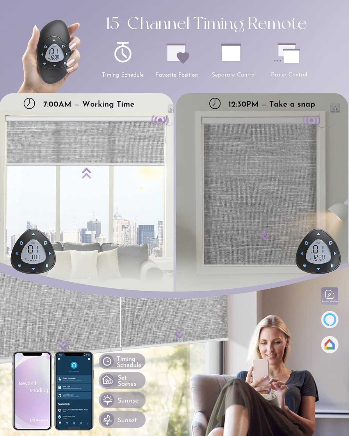 Graywind Motorized Light Filtering Shades Compatible with Alexa Google Hardwired WiFi Smart Half Shading Remote Control Automated Blinds Electric Window Shades, Custom Size (Jacquard Grey)