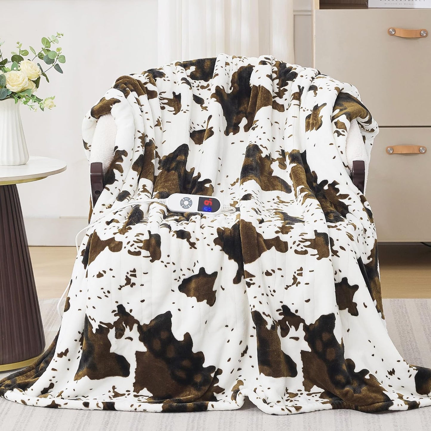 Electric Blanket Twin Size - Reversible Sherpa & Flannel, 62"× 84" Heated Throw Blanket with 6 Heat Settings & 1-12H Timer, Machine Washable, Warm Gift for Women, Brown Cow Print