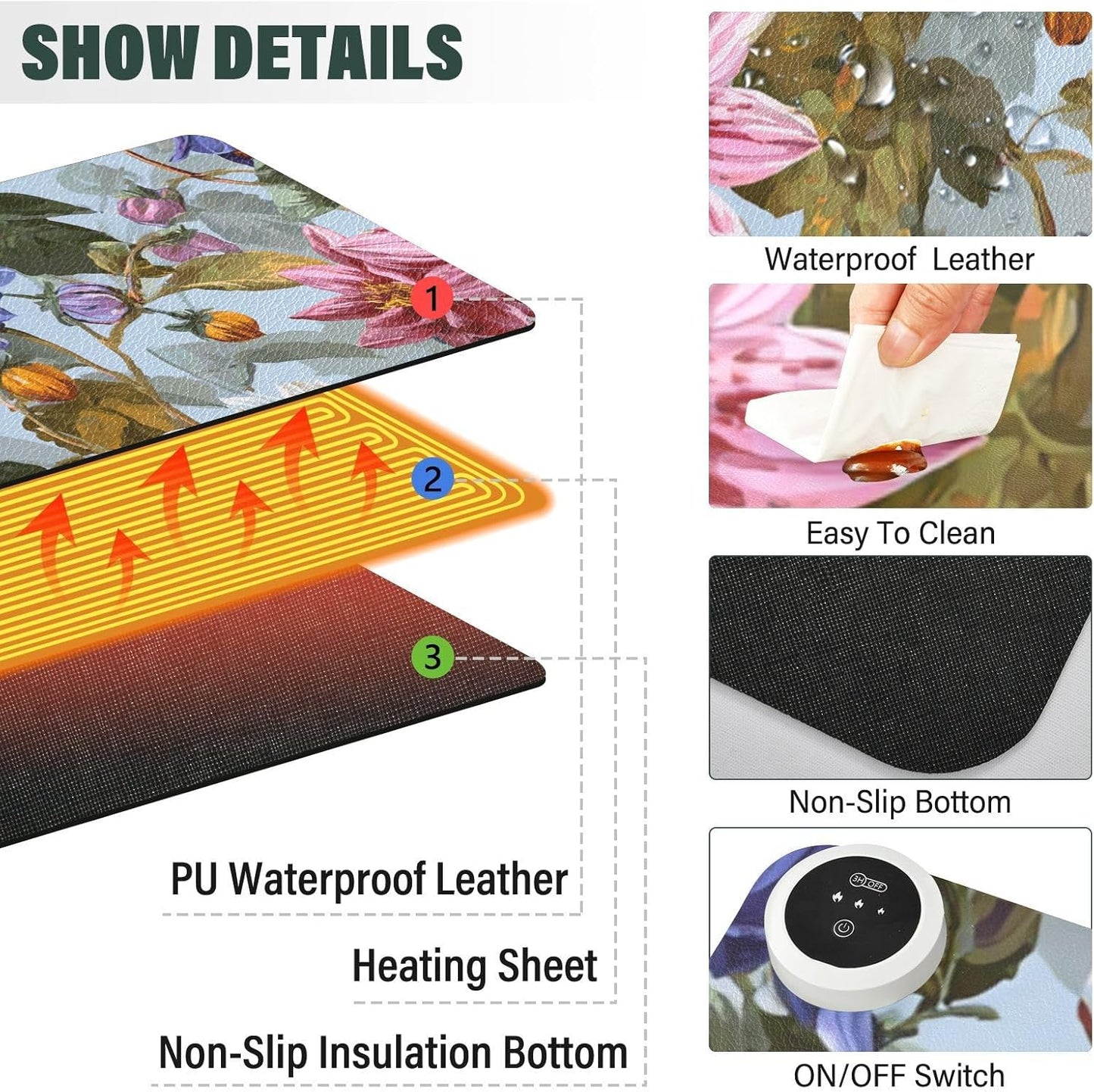 Heated Desk Pad Mouse Pad 31.5x13 Inch PU Leather Desk Mat with 3 Heat Levels Large Mouse Gaming Computer Laptop Mat Blue Daisies Dahlias Bluebells
