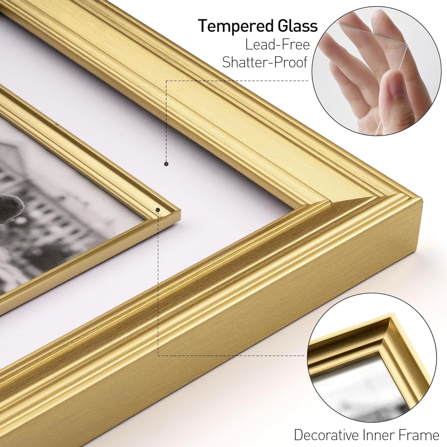 Yaetm 8x10 Gold Picture Frame with Decorative Inner Frame & Tempered Glass, Display 5x7 Photos with Mat - Portrait or Landscape - Tabletop & Wall Mount for Office & Home Décor (Gold, 2 Pack)