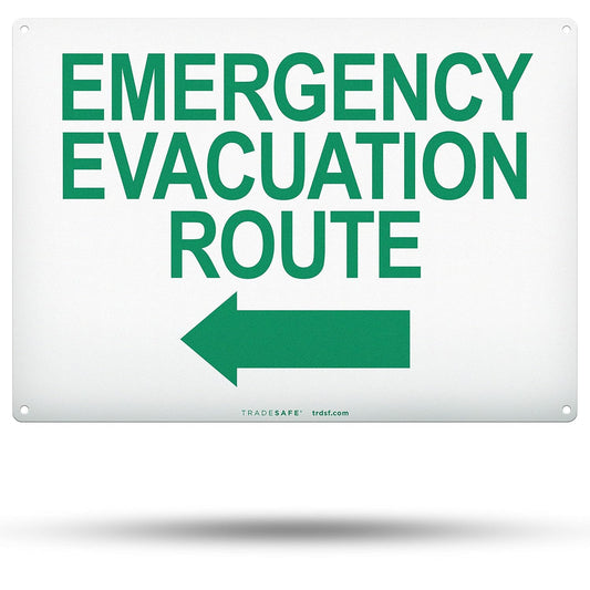 TRADESAFE Emergency Evacuation Route Sign - Evacuation Plan With Arrow Left, Quick Install Aluminum Safety Sign, Light Reflective, UV-Resistant, Waterproof, 14” X 10” Signs for Business