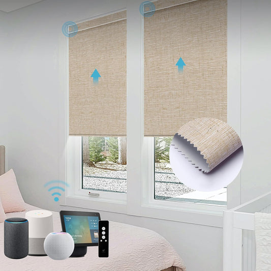 SmartWings Motorized Roller Shades Work with Homekit, Alexa Google, 100% Blackout Smart Blinds for Windows, Cordless Remote Control Window Shades, Linen Caramel, Customized Size