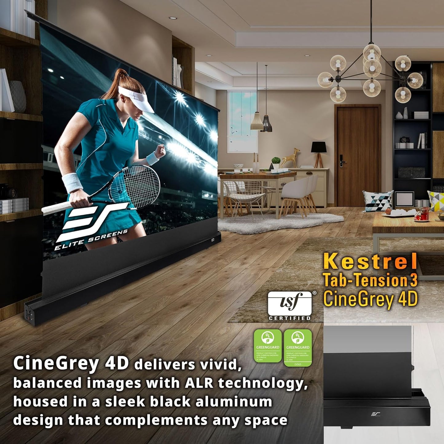 Elite Screens Kestrel Tab-Tension Pro CineGrey 4D, 135" Diag., 16:9 Aspect Ratio, ISF Certified 4K/8K Ultra HD Electric Floor-Rising Motorized Tab-Tensioned Front Projector Screen, FTE135H3-C4D