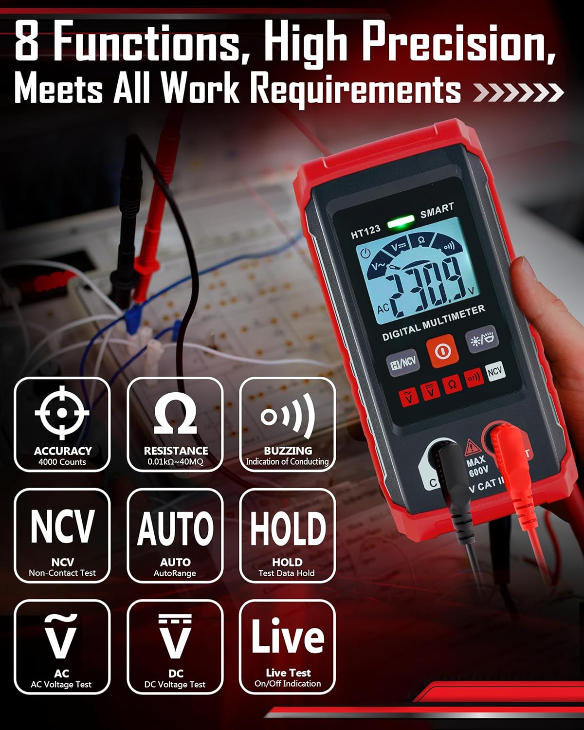 Auto Range Digital Multimeter with DC AC Voltmeter and Ohm Volt Amp Meter, 4000 Counts Auto Voltmeter with Non-Contact Voltage Function, Resistance, Continuity, Current, Resistance, Outlet Tester